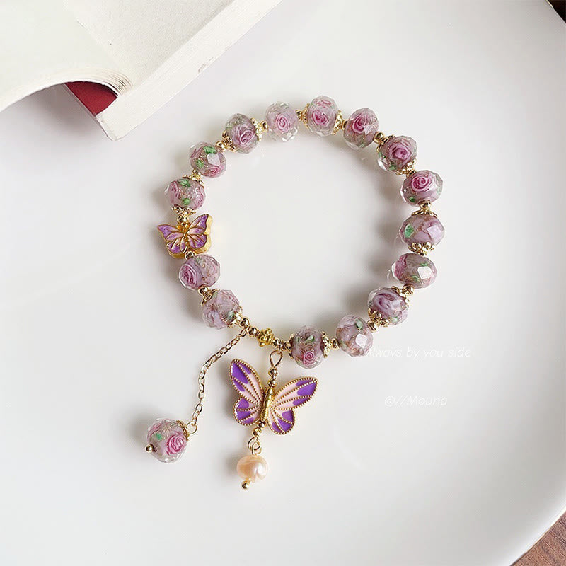 Double Butterfly Copper Charm Liuli Glass Beaded Love Bracelet