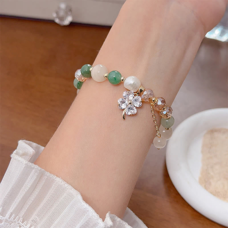 Four-Leaf Clover Cat's Eye Liuli Copper Quartz Balance Bracelet