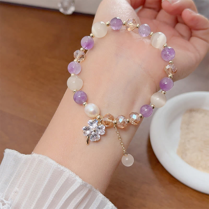 Four-Leaf Clover Cat's Eye Liuli Copper Quartz Balance Bracelet
