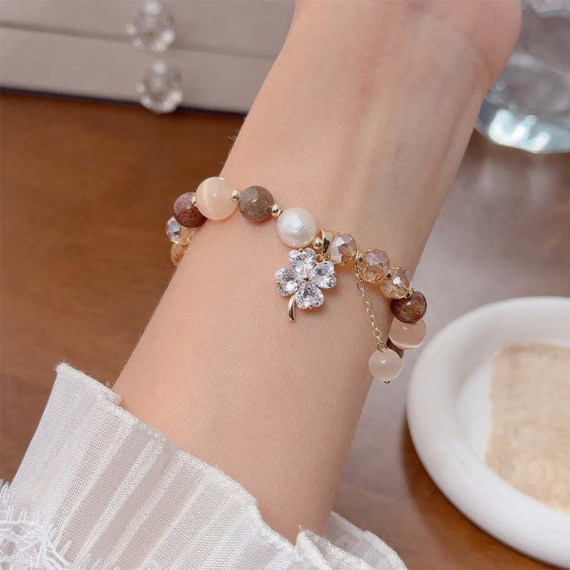 Four-Leaf Clover Cat's Eye Liuli Copper Quartz Balance Bracelet