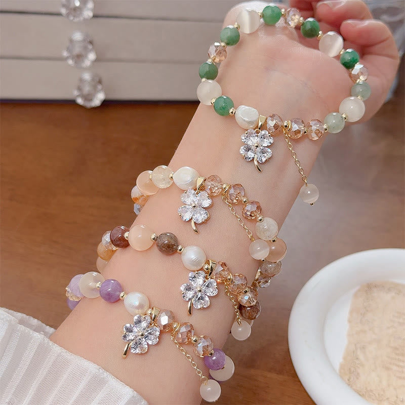 Four-Leaf Clover Cat's Eye Liuli Copper Quartz Balance Bracelet