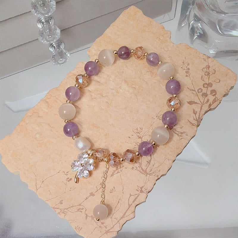 Four-Leaf Clover Cat's Eye Liuli Copper Quartz Balance Bracelet