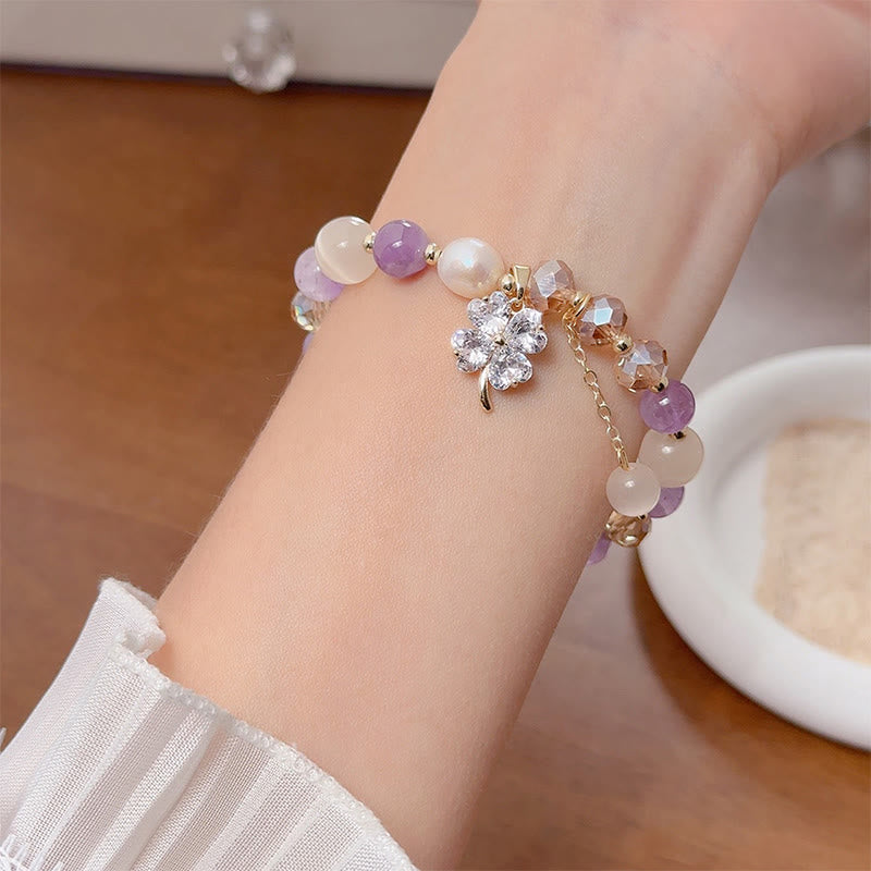 Four-Leaf Clover Cat's Eye Liuli Copper Quartz Balance Bracelet
