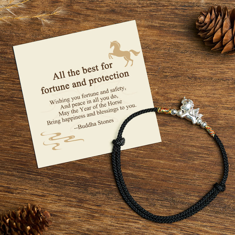 "All the Best for Fortune and Protection" 925 Sterling Silver Year Of The Horse String Bracelet Includes Gift Message Card