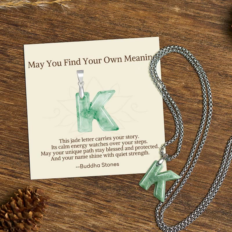 "May You Find Your Own Meaning" Natural A-Z Letter Jade Titanium Steel Chain Necklace Includes Gift Message Card