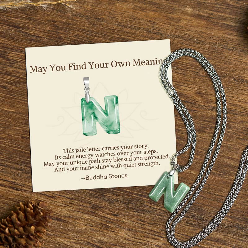 "May You Find Your Own Meaning" Natural A-Z Letter Jade Titanium Steel Chain Necklace Includes Gift Message Card