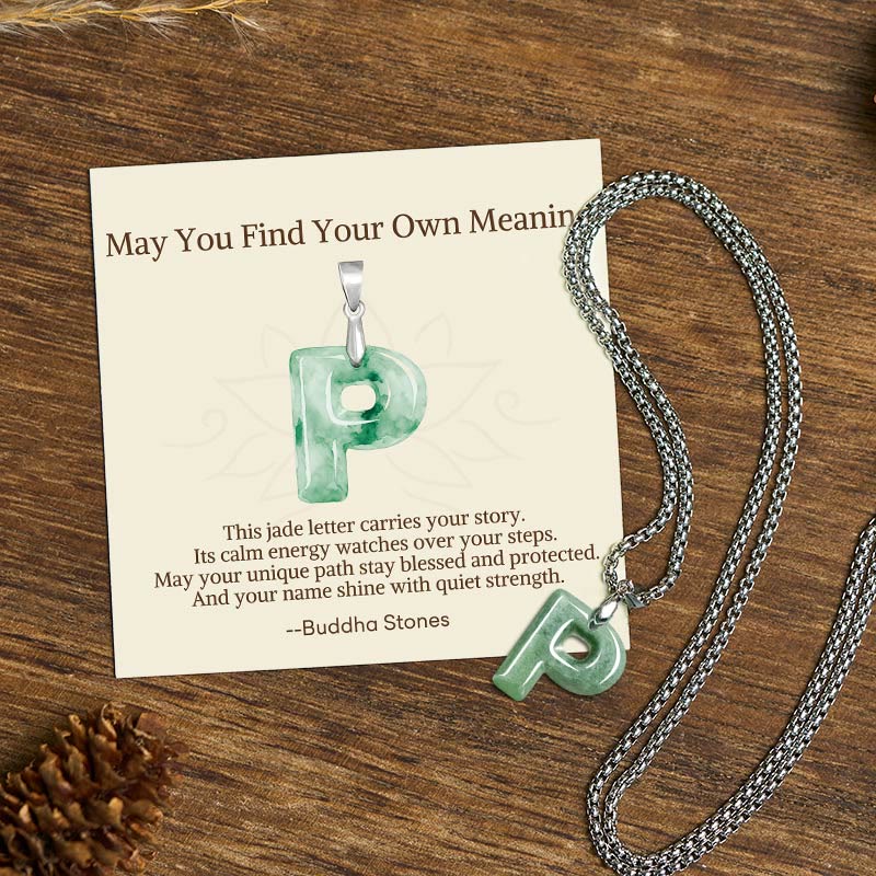 "May You Find Your Own Meaning" Natural A-Z Letter Jade Titanium Steel Chain Necklace Includes Gift Message Card