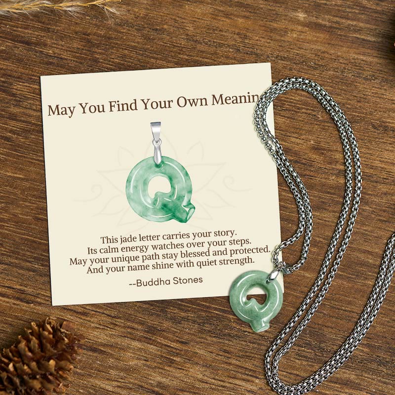 "May You Find Your Own Meaning" Natural A-Z Letter Jade Titanium Steel Chain Necklace Includes Gift Message Card