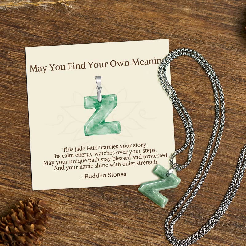 "May You Find Your Own Meaning" Natural A-Z Letter Jade Titanium Steel Chain Necklace Includes Gift Message Card