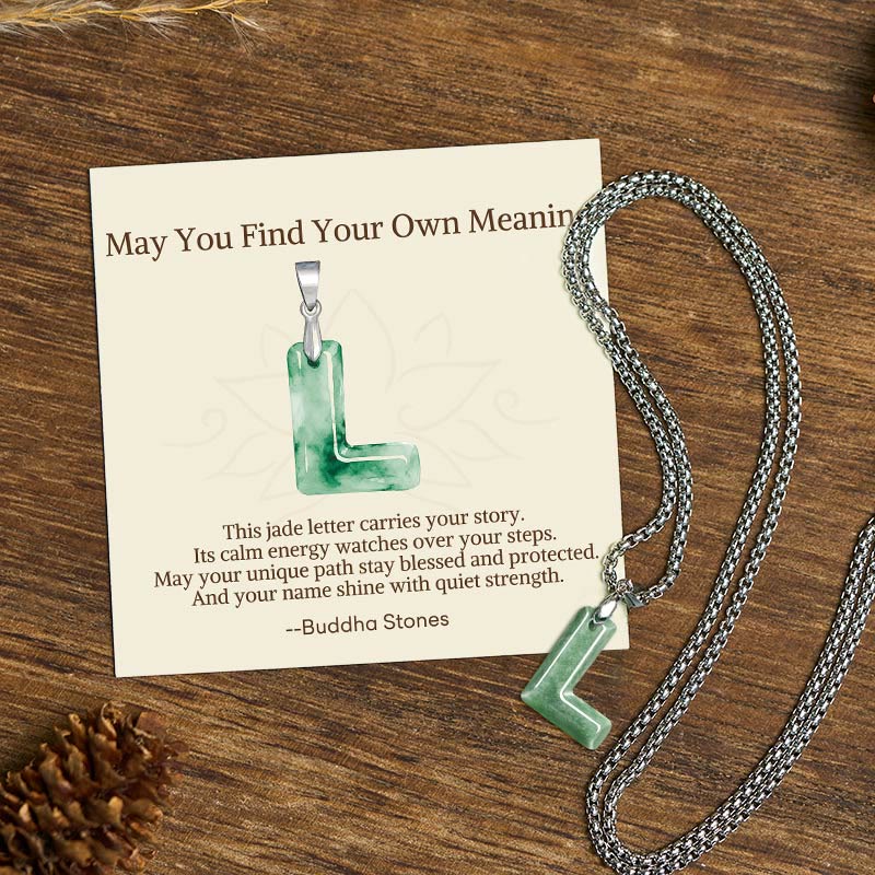 "May You Find Your Own Meaning" Natural A-Z Letter Jade Titanium Steel Chain Necklace Includes Gift Message Card