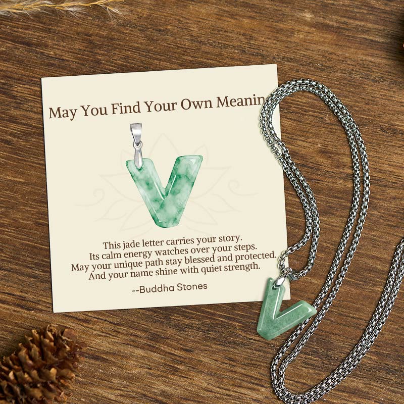"May You Find Your Own Meaning" Natural A-Z Letter Jade Titanium Steel Chain Necklace Includes Gift Message Card