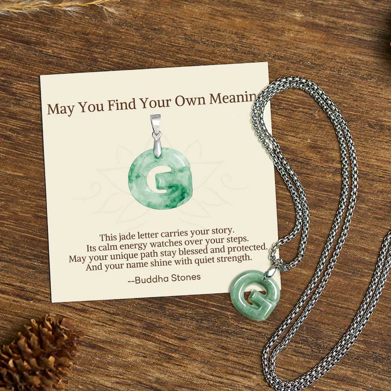"May You Find Your Own Meaning" Natural A-Z Letter Jade Titanium Steel Chain Necklace Includes Gift Message Card