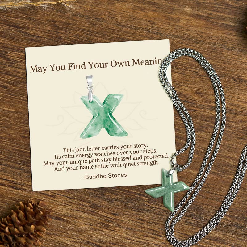 "May You Find Your Own Meaning" Natural A-Z Letter Jade Titanium Steel Chain Necklace Includes Gift Message Card