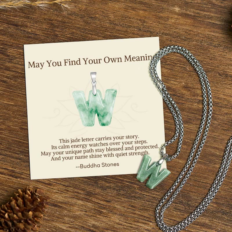 "May You Find Your Own Meaning" Natural A-Z Letter Jade Titanium Steel Chain Necklace Includes Gift Message Card