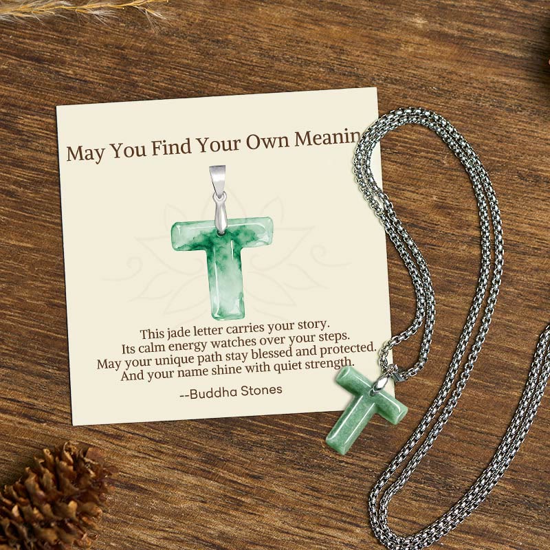 "May You Find Your Own Meaning" Natural A-Z Letter Jade Titanium Steel Chain Necklace Includes Gift Message Card