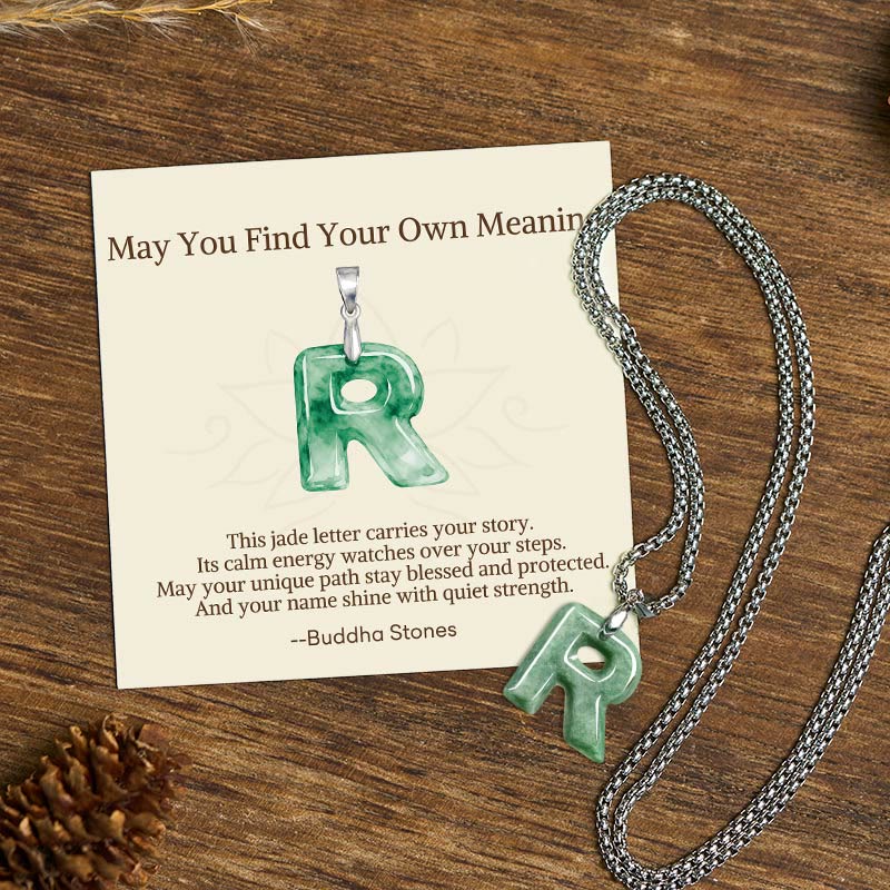 "May You Find Your Own Meaning" Natural A-Z Letter Jade Titanium Steel Chain Necklace Includes Gift Message Card