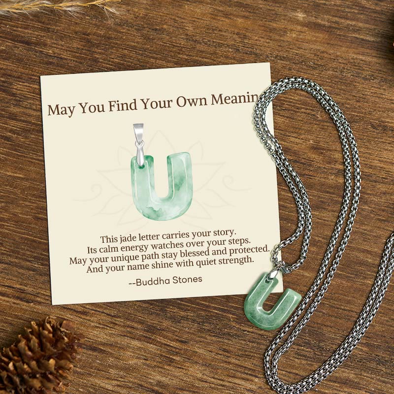 "May You Find Your Own Meaning" Natural A-Z Letter Jade Titanium Steel Chain Necklace Includes Gift Message Card