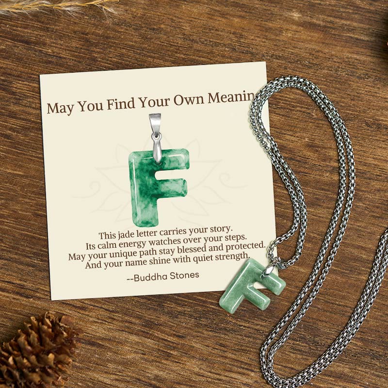 "May You Find Your Own Meaning" Natural A-Z Letter Jade Titanium Steel Chain Necklace Includes Gift Message Card