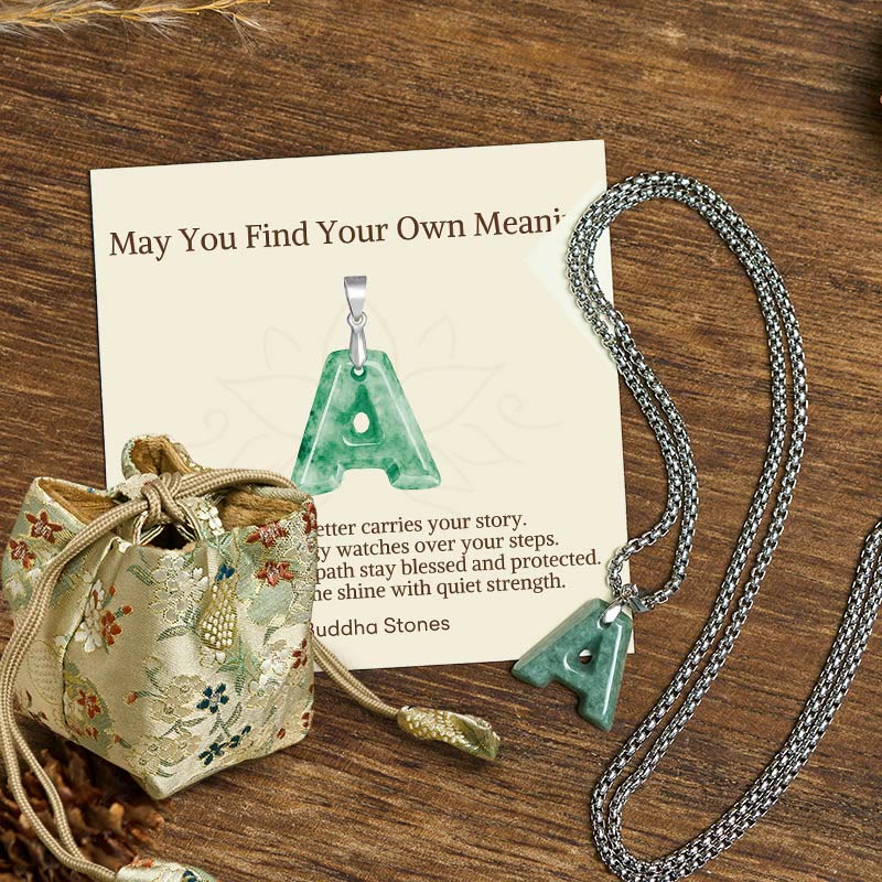 "May You Find Your Own Meaning" Natural A-Z Letter Jade Titanium Steel Chain Necklace Includes Gift Message Card