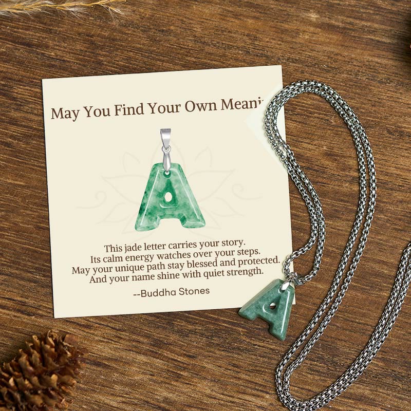 "May You Find Your Own Meaning" Natural A-Z Letter Jade Titanium Steel Chain Necklace Includes Gift Message Card