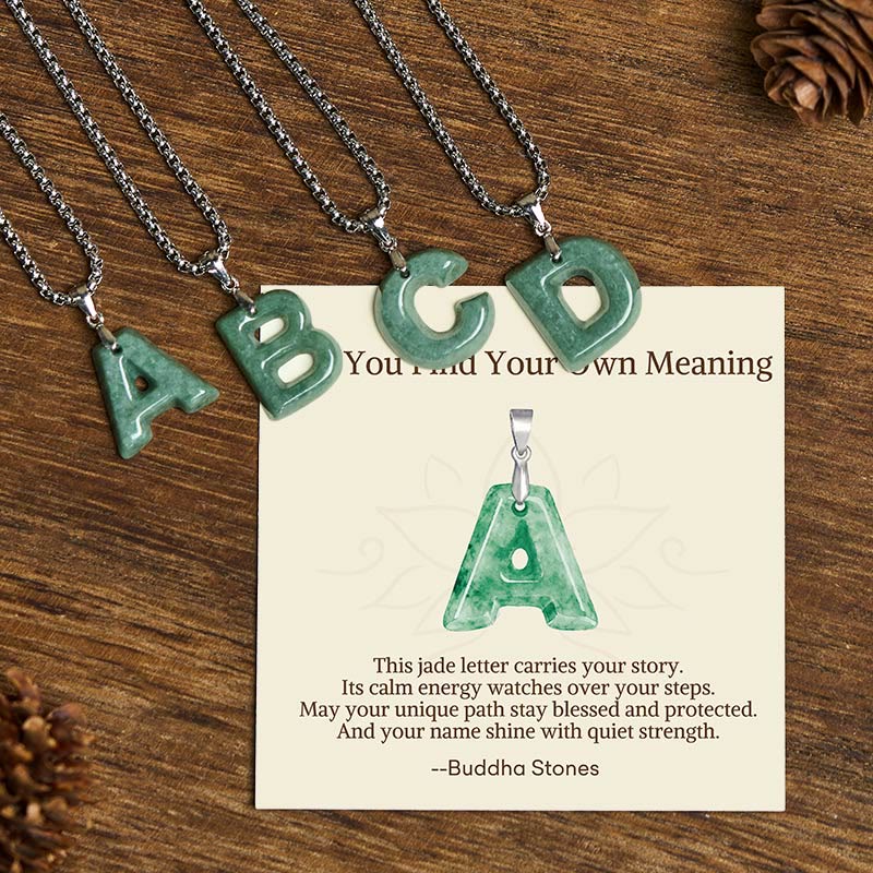"May You Find Your Own Meaning" Natural A-Z Letter Jade Titanium Steel Chain Necklace Includes Gift Message Card
