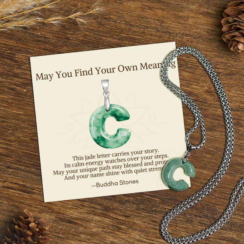 "May You Find Your Own Meaning" Natural A-Z Letter Jade Titanium Steel Chain Necklace Includes Gift Message Card