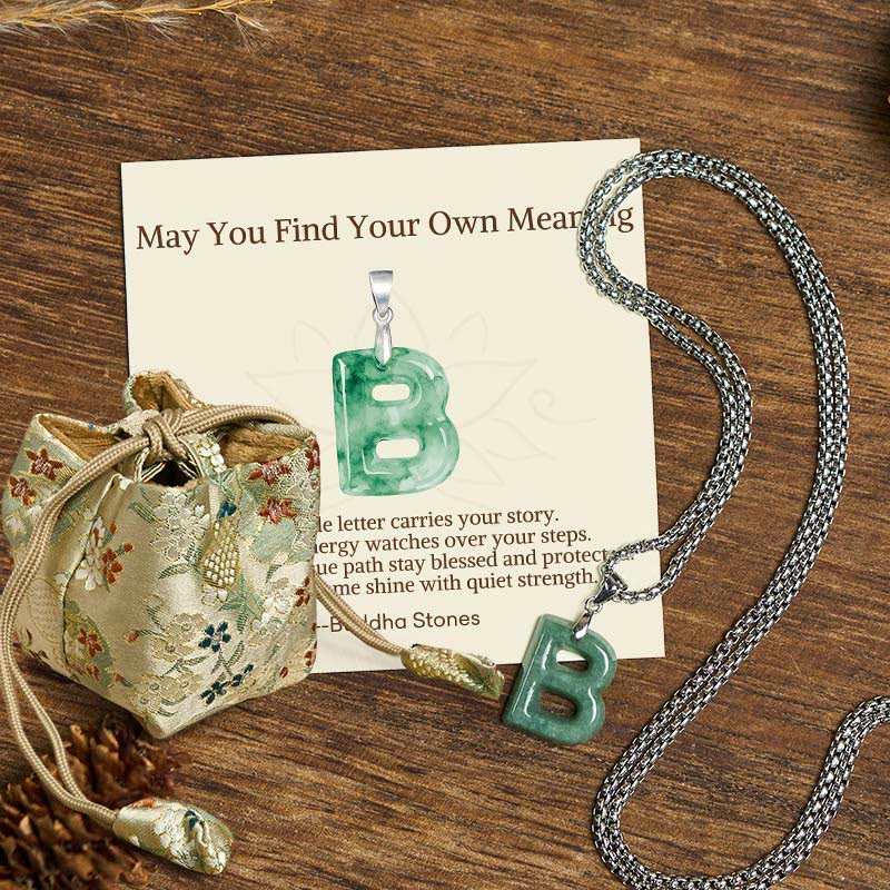 "May You Find Your Own Meaning" Natural A-Z Letter Jade Titanium Steel Chain Necklace Includes Gift Message Card