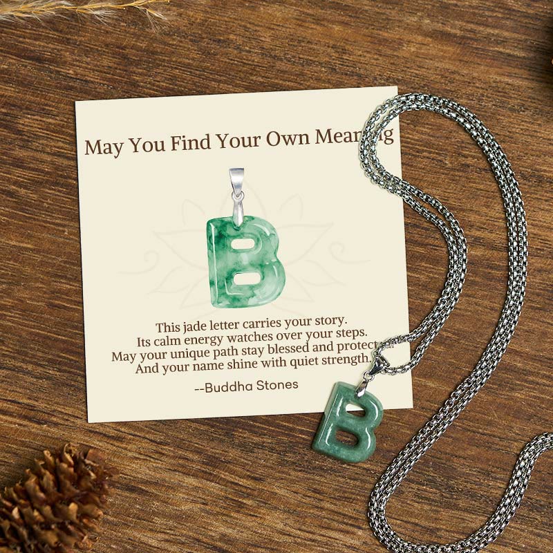 "May You Find Your Own Meaning" Natural A-Z Letter Jade Titanium Steel Chain Necklace Includes Gift Message Card