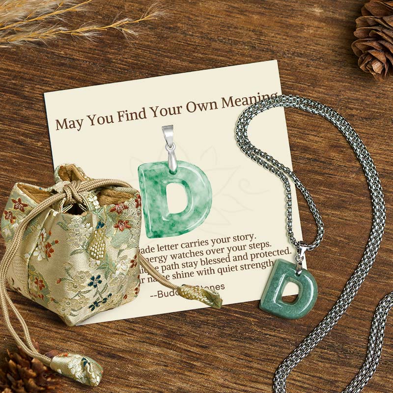 "May You Find Your Own Meaning" Natural A-Z Letter Jade Titanium Steel Chain Necklace Includes Gift Message Card