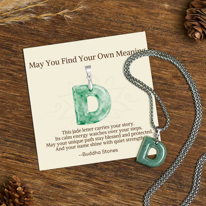 "May You Find Your Own Meaning" Natural A-Z Letter Jade Titanium Steel Chain Necklace Includes Gift Message Card