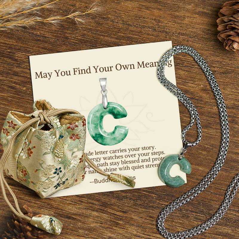 "May You Find Your Own Meaning" Natural A-Z Letter Jade Titanium Steel Chain Necklace Includes Gift Message Card
