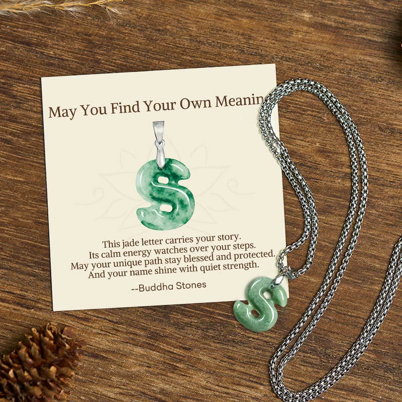 "May You Find Your Own Meaning" Natural A-Z Letter Jade Titanium Steel Chain Necklace Includes Gift Message Card