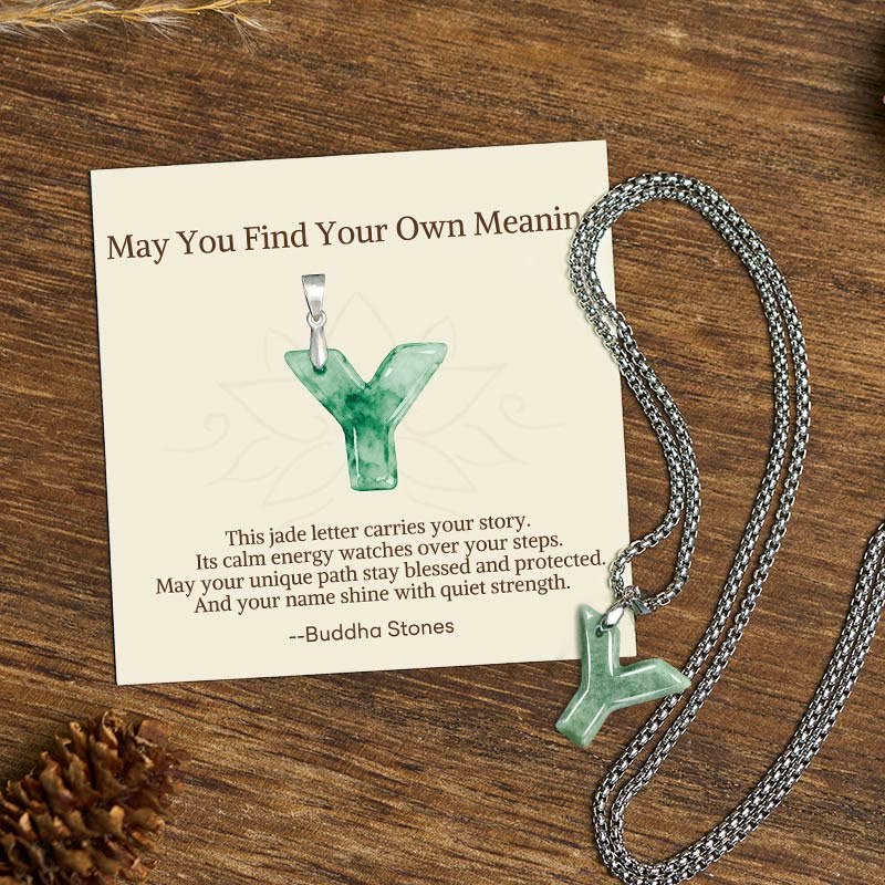 "May You Find Your Own Meaning" Natural A-Z Letter Jade Titanium Steel Chain Necklace Includes Gift Message Card