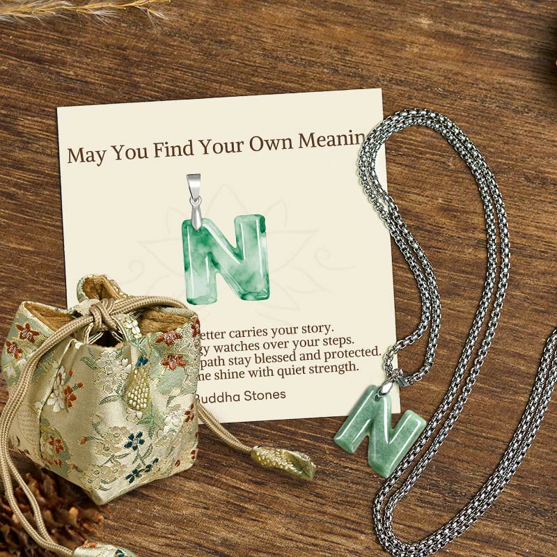 "May You Find Your Own Meaning" Natural A-Z Letter Jade Titanium Steel Chain Necklace Includes Gift Message Card