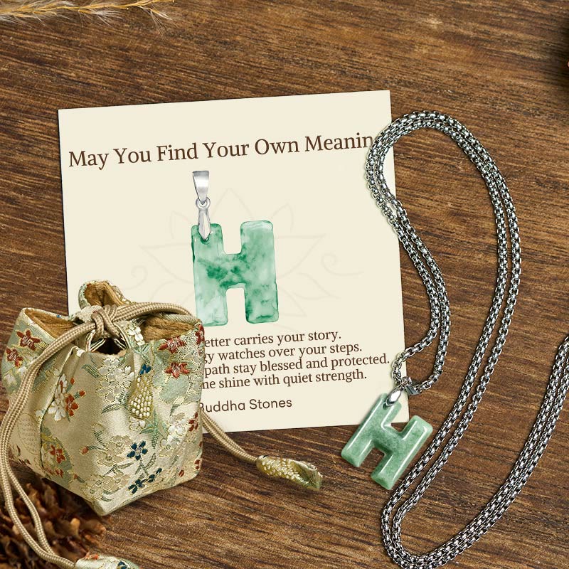 "May You Find Your Own Meaning" Natural A-Z Letter Jade Titanium Steel Chain Necklace Includes Gift Message Card