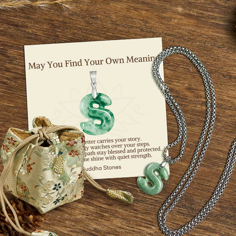 "May You Find Your Own Meaning" Natural A-Z Letter Jade Titanium Steel Chain Necklace Includes Gift Message Card
