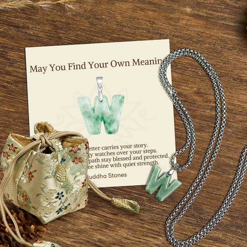 "May You Find Your Own Meaning" Natural A-Z Letter Jade Titanium Steel Chain Necklace Includes Gift Message Card