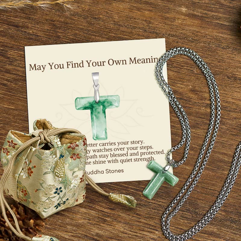"May You Find Your Own Meaning" Natural A-Z Letter Jade Titanium Steel Chain Necklace Includes Gift Message Card