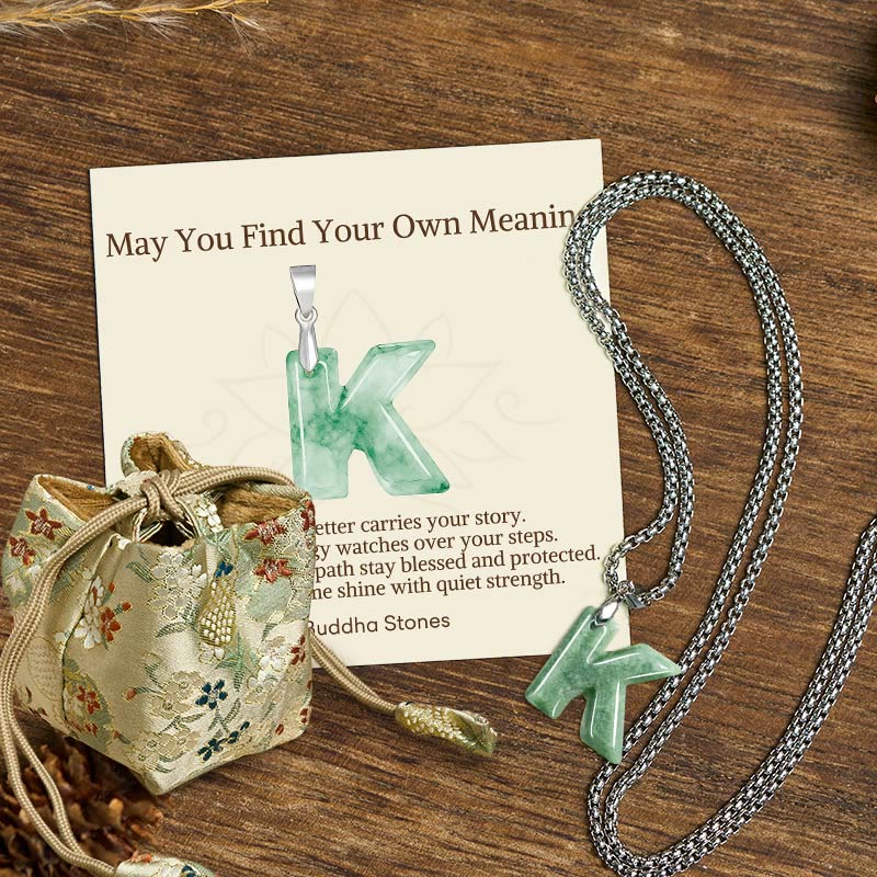 "May You Find Your Own Meaning" Natural A-Z Letter Jade Titanium Steel Chain Necklace Includes Gift Message Card