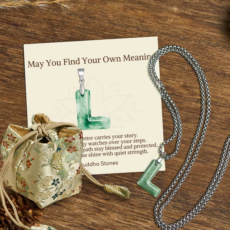 "May You Find Your Own Meaning" Natural A-Z Letter Jade Titanium Steel Chain Necklace Includes Gift Message Card