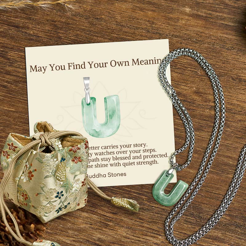 "May You Find Your Own Meaning" Natural A-Z Letter Jade Titanium Steel Chain Necklace Includes Gift Message Card