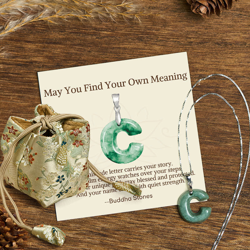 "May You Find Your Own Meaning" Natural A-Z Letter Jade 925 Sterling Silver Chain Necklace Includes Gift Message Card