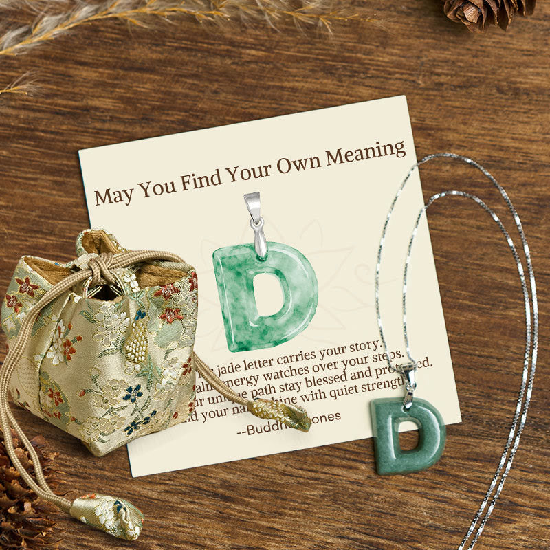 "May You Find Your Own Meaning" Natural A-Z Letter Jade Titanium Steel Chain Necklace Includes Gift Message Card