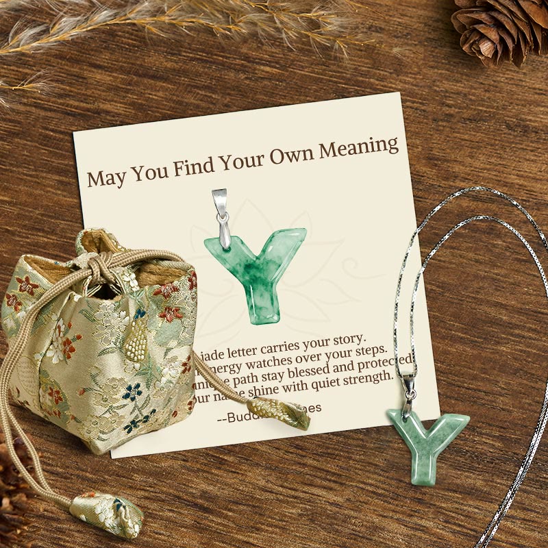"May You Find Your Own Meaning" Natural A-Z Letter Jade Titanium Steel Chain Necklace Includes Gift Message Card