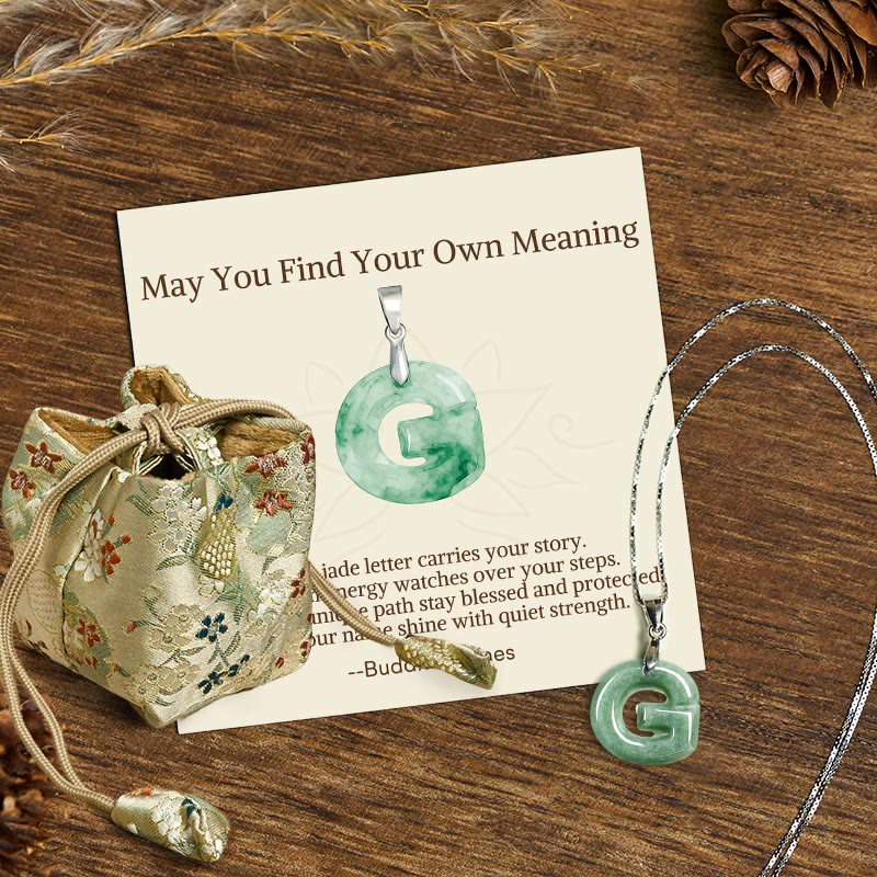 "May You Find Your Own Meaning" Natural A-Z Letter Jade 925 Sterling Silver Chain Necklace Includes Gift Message Card