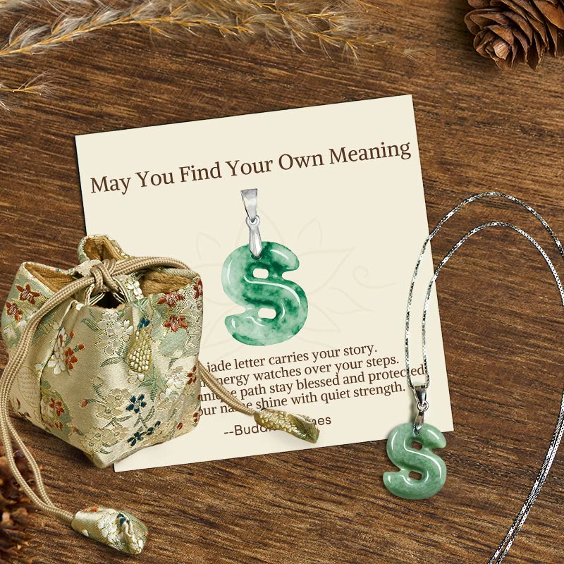 "May You Find Your Own Meaning" Natural A-Z Letter Jade 925 Sterling Silver Chain Necklace Includes Gift Message Card