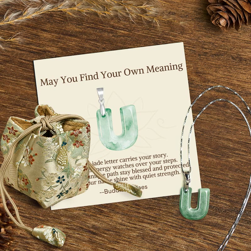 "May You Find Your Own Meaning" Natural A-Z Letter Jade Titanium Steel Chain Necklace Includes Gift Message Card