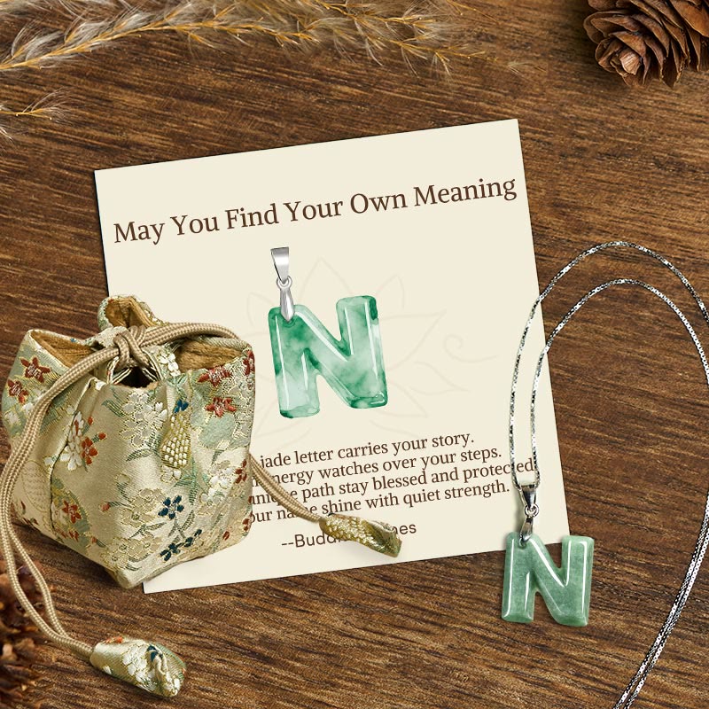 "May You Find Your Own Meaning" Natural A-Z Letter Jade 925 Sterling Silver Chain Necklace Includes Gift Message Card