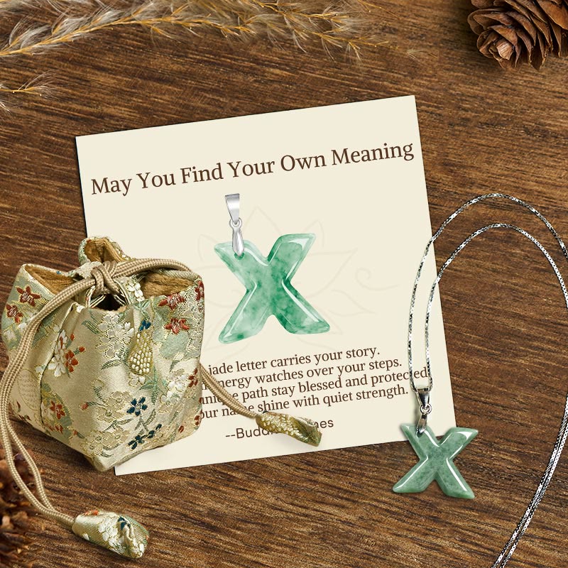 "May You Find Your Own Meaning" Natural A-Z Letter Jade 925 Sterling Silver Chain Necklace Includes Gift Message Card
