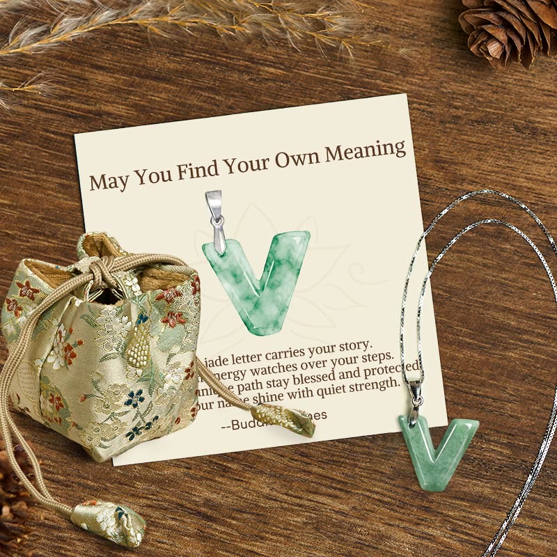 "May You Find Your Own Meaning" Natural A-Z Letter Jade 925 Sterling Silver Chain Necklace Includes Gift Message Card